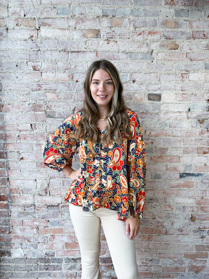 Satin Paisley Ruffle Neck Tie Blouse