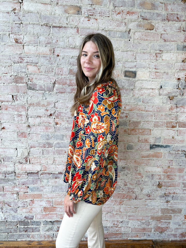 Satin Paisley Ruffle Neck Tie Blouse