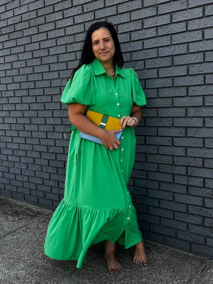Solid Bubble Sleeve Midi Dress