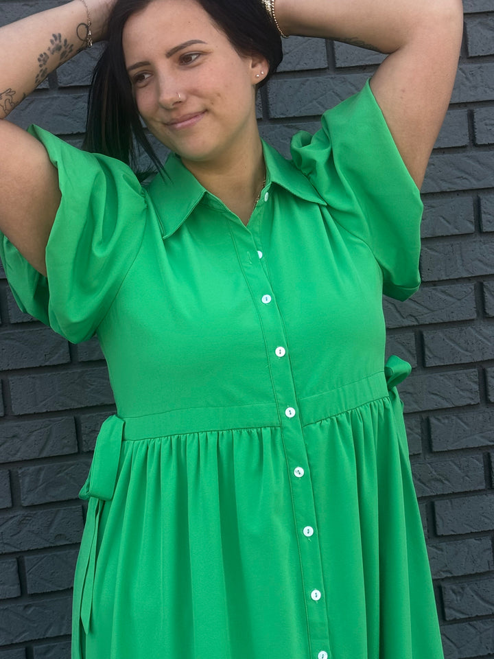 Solid Bubble Sleeve Midi Dress