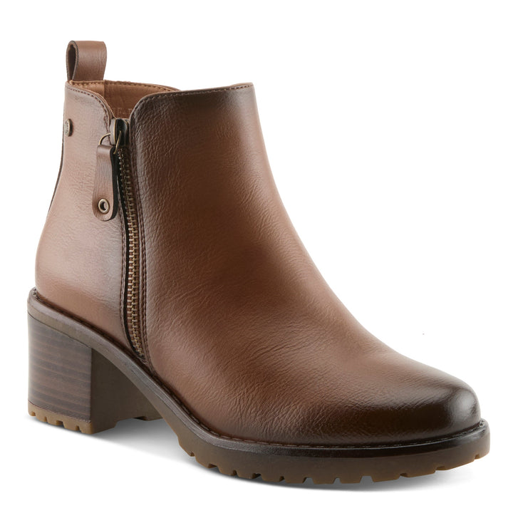 Brown leather ankle bootie with side zipper and block heel