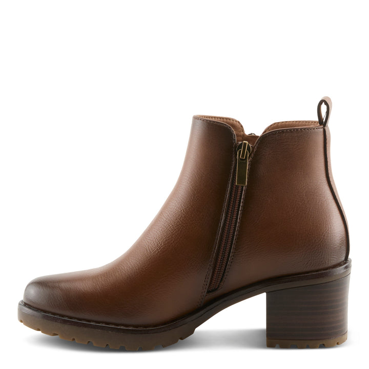Brown leather ankle bootie with side zipper and block heel