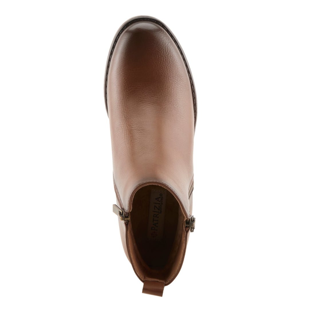 Brown leather ankle bootie with side zipper closure viewed from above