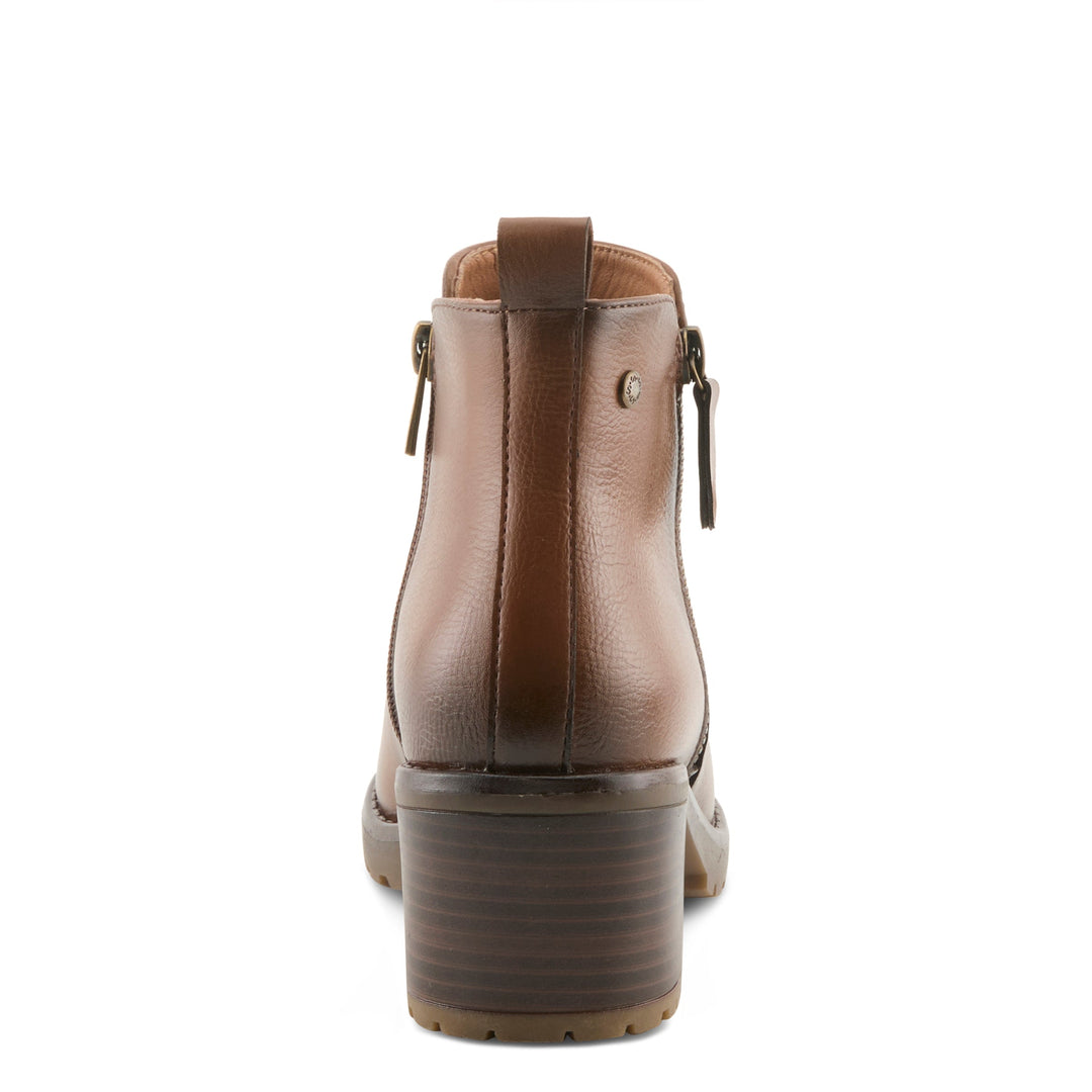 Brown leather ankle bootie with block heel and side zippers, rear view