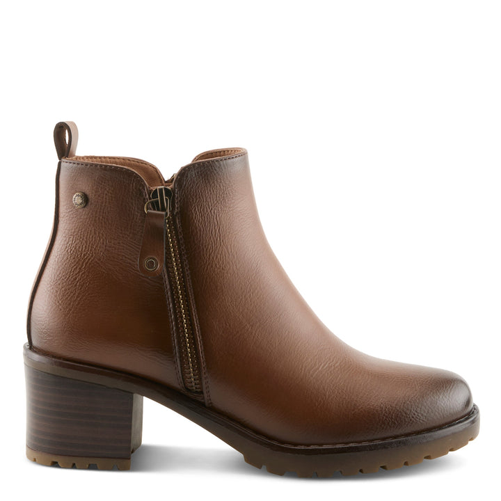 Brown leather ankle bootie with block heel and side zipper detail