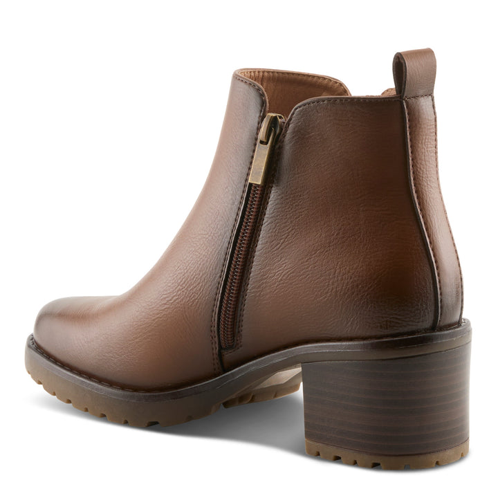 Brown leather ankle bootie with side zipper and block heel