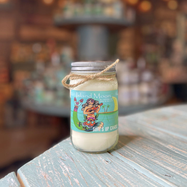 Island Moon 16oz mason jar soy candle by Surfs Up Candle with tropical mermaid label