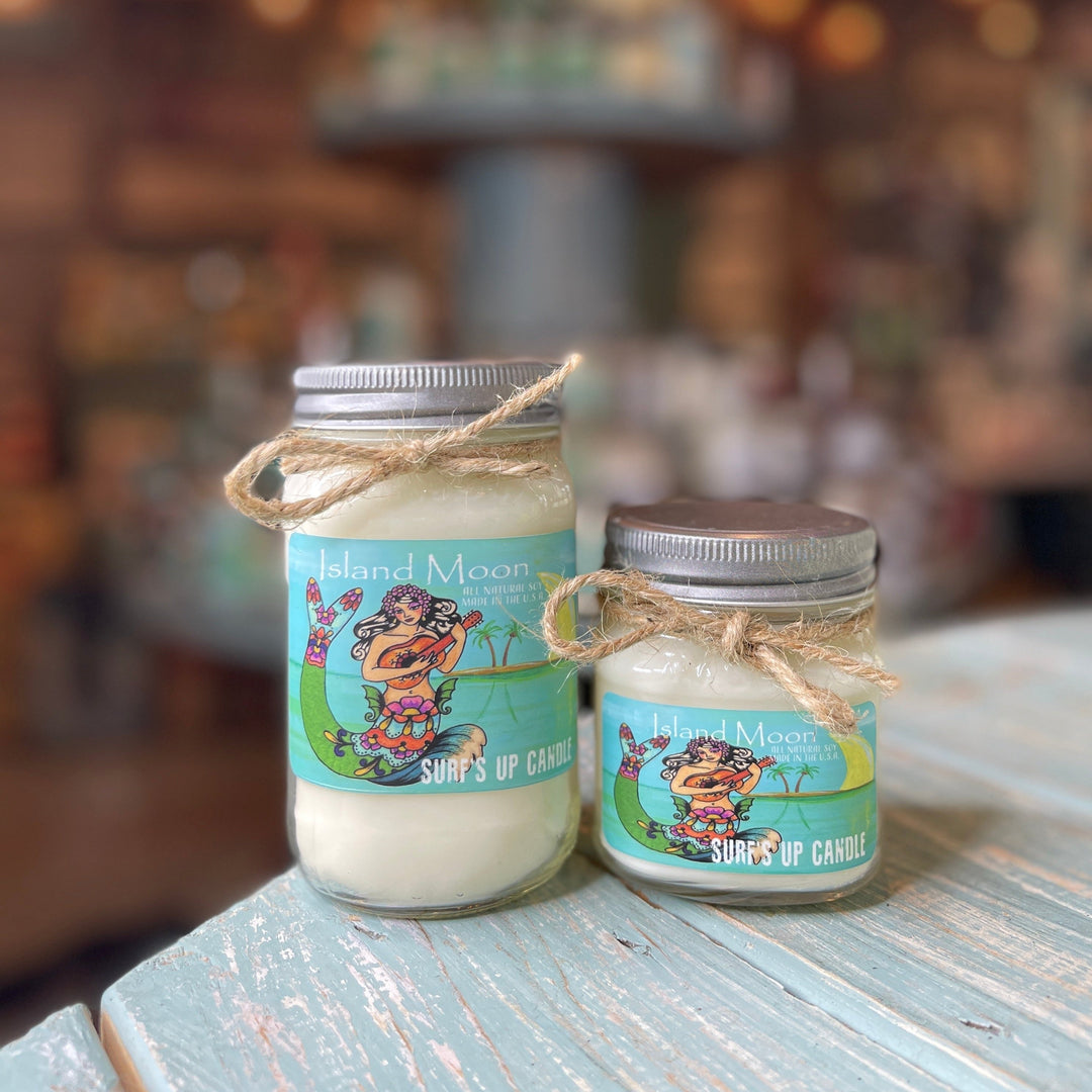 Island Moon Mason Jar Candle by Surfs Up Candle in two sizes with teal mermaid label