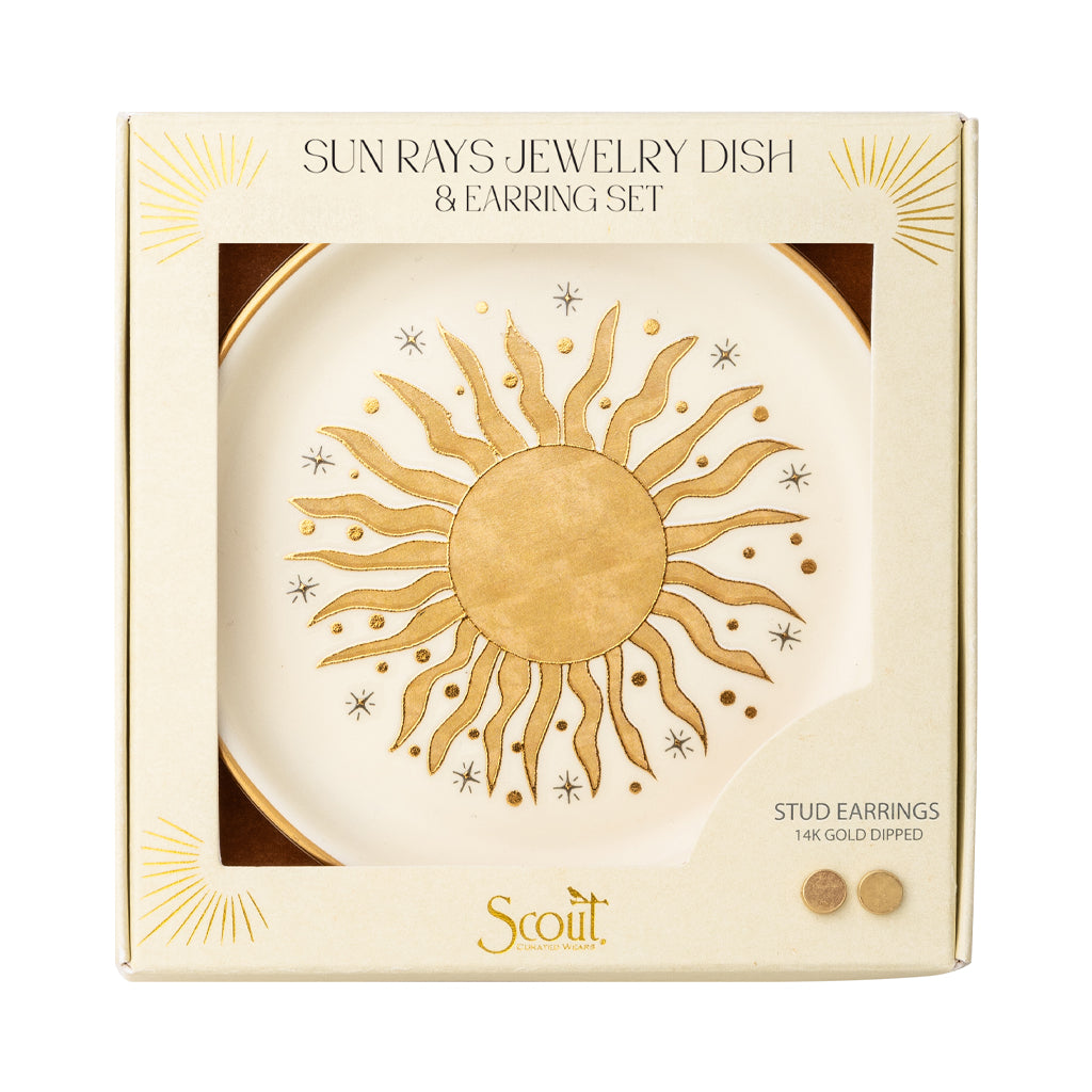 Scout Sun Rays jewelry dish and gold stud earring set in cream with golden sun design