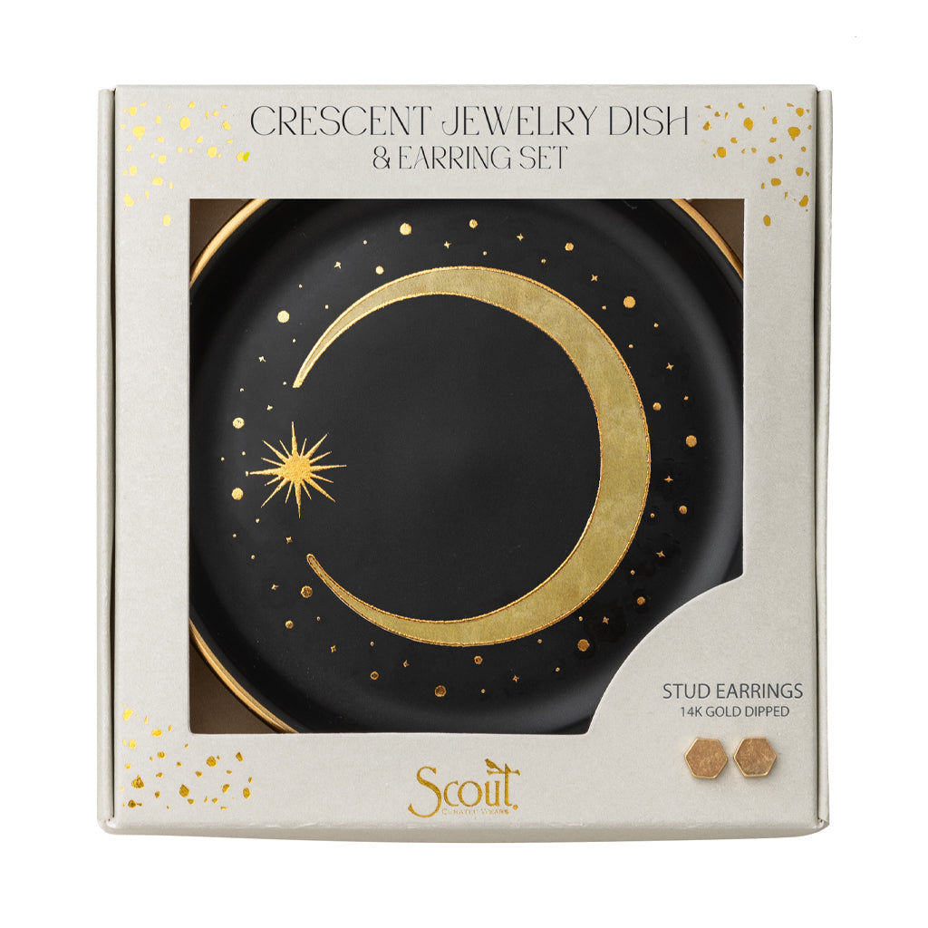 Scout Crescent Jewelry Dish and Stud Earring Set in black with gold moon design, boxed packaging