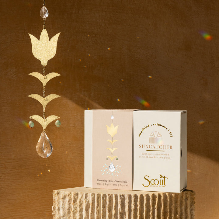 Scout Blooming Flower Suncatcher with gold brass design, crystal drops and green stone accents