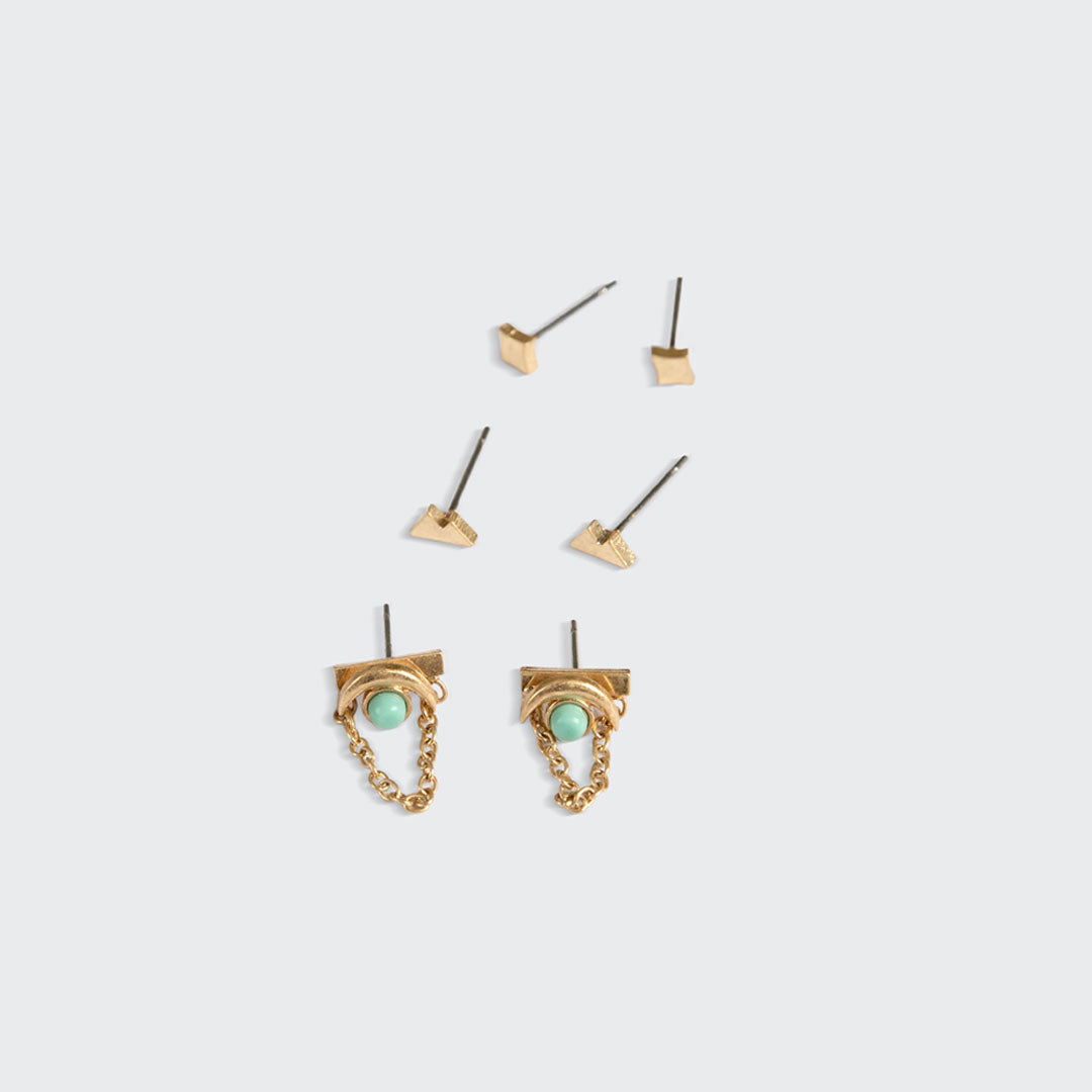 Scout gold stud earring trio set with turquoise stone accents and chain details