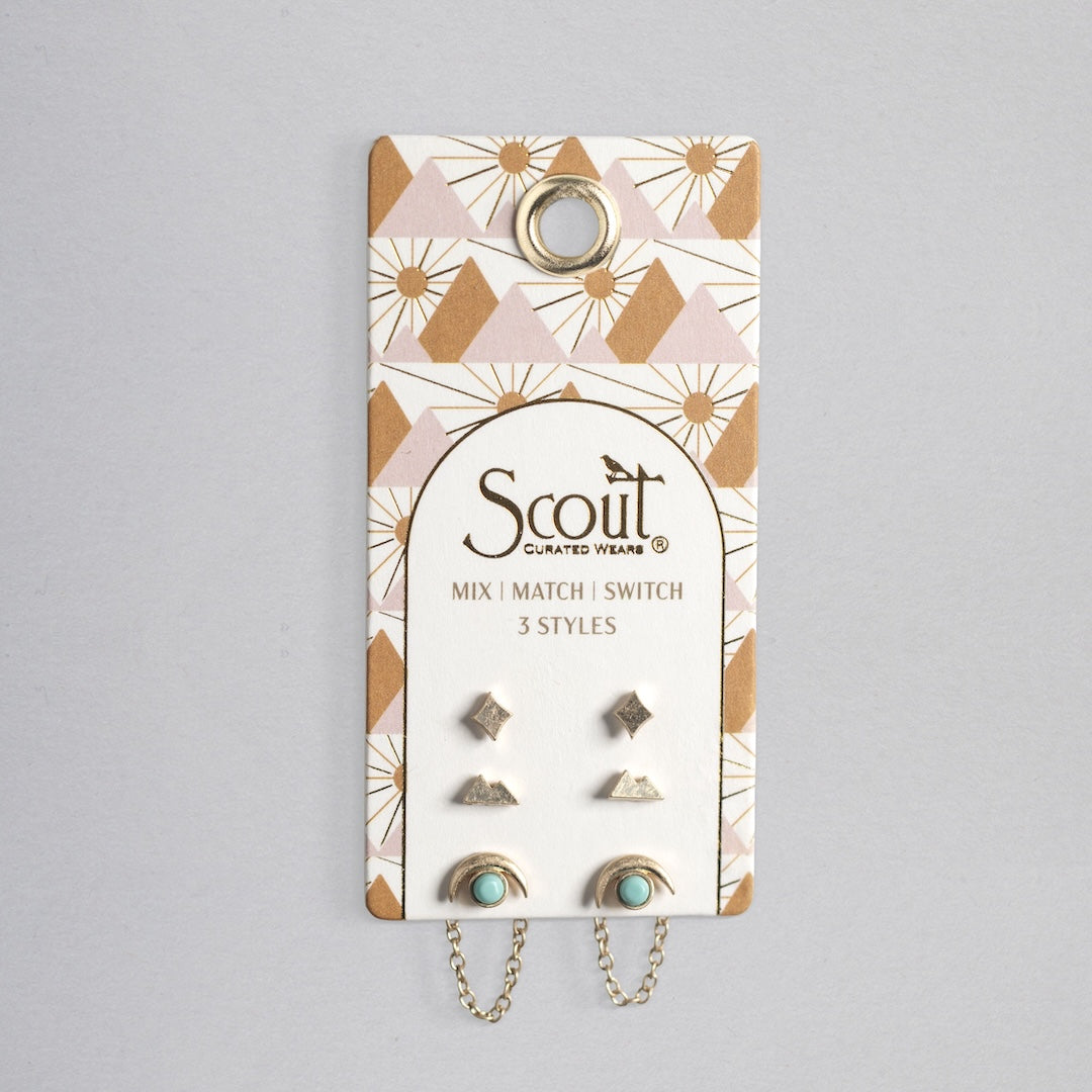 Scout earring set with three styles featuring turquoise stones and geometric gold packaging