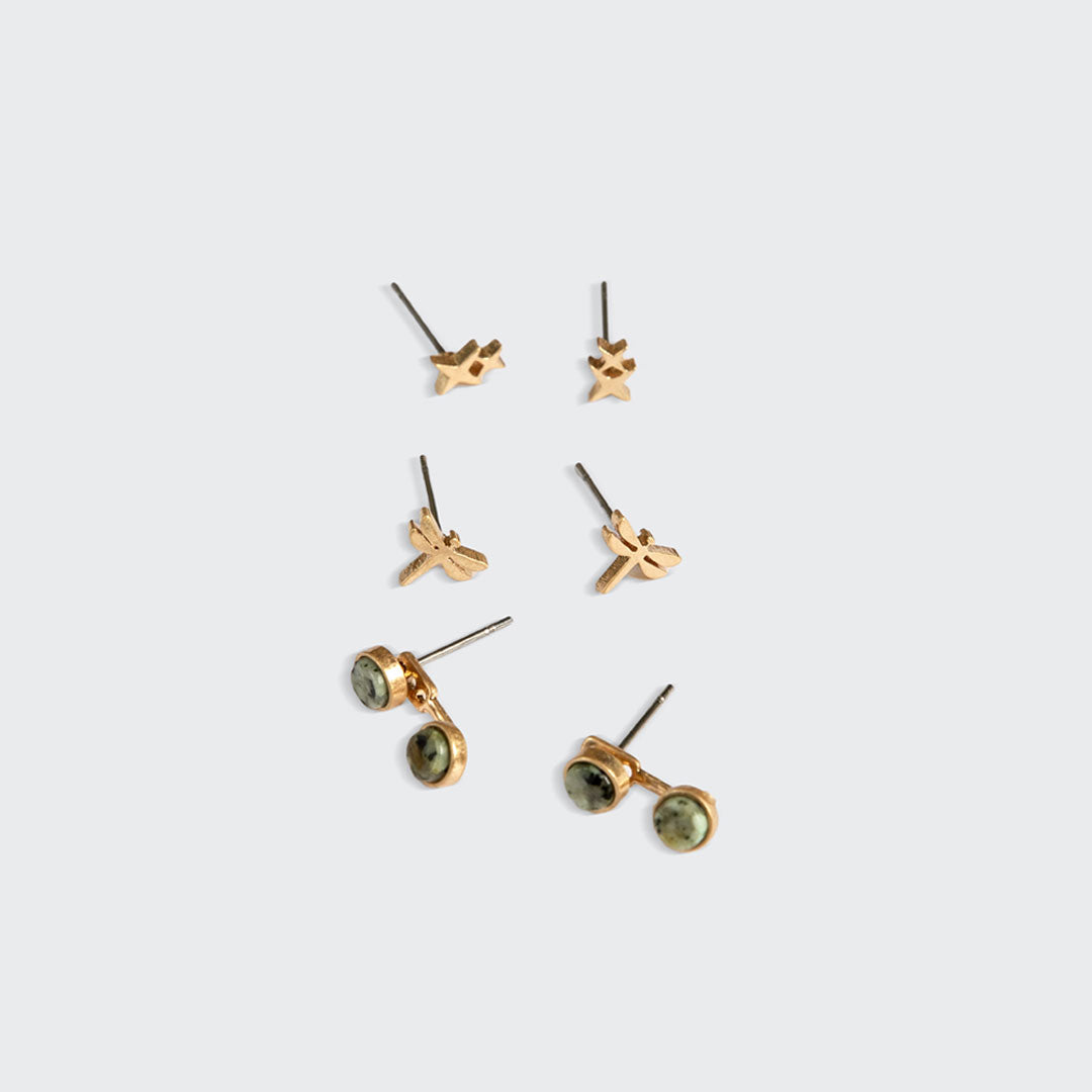 Scout gold stud trio jacket earring set with green olive stones on white background