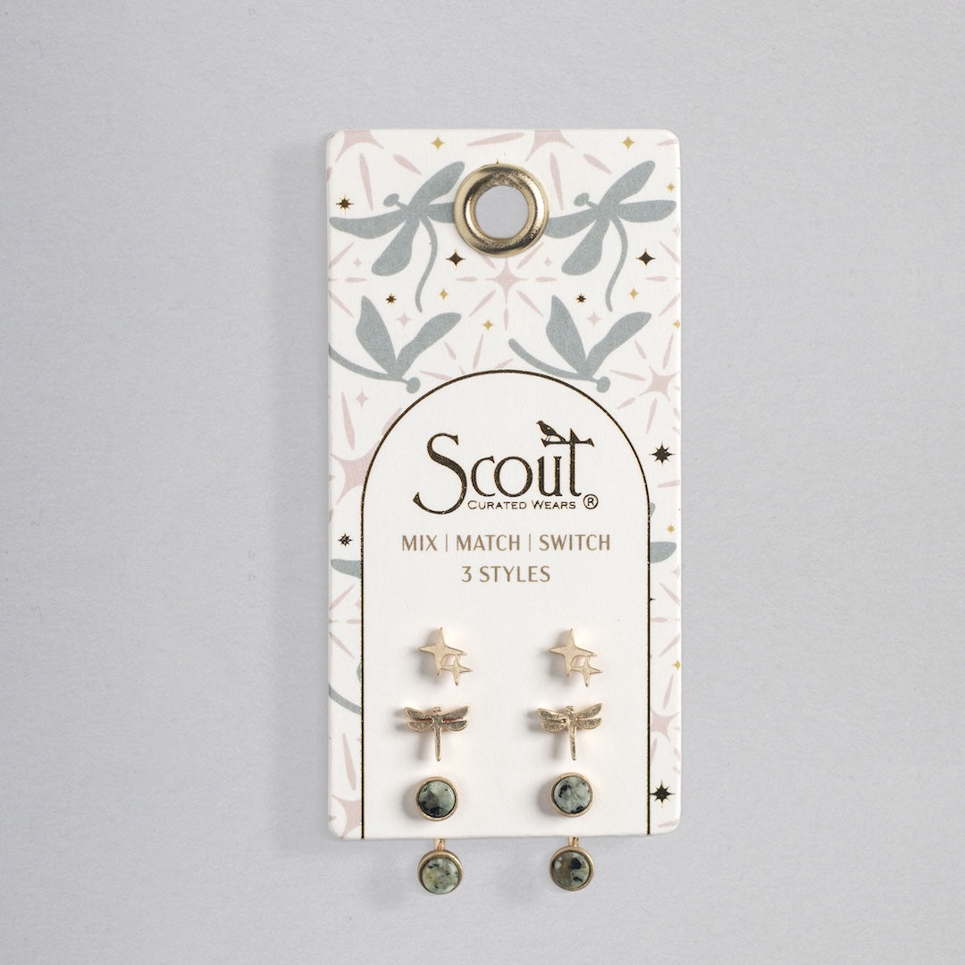 Scout stud trio jacket earring set with gold stars, dragonflies, and turquoise stones