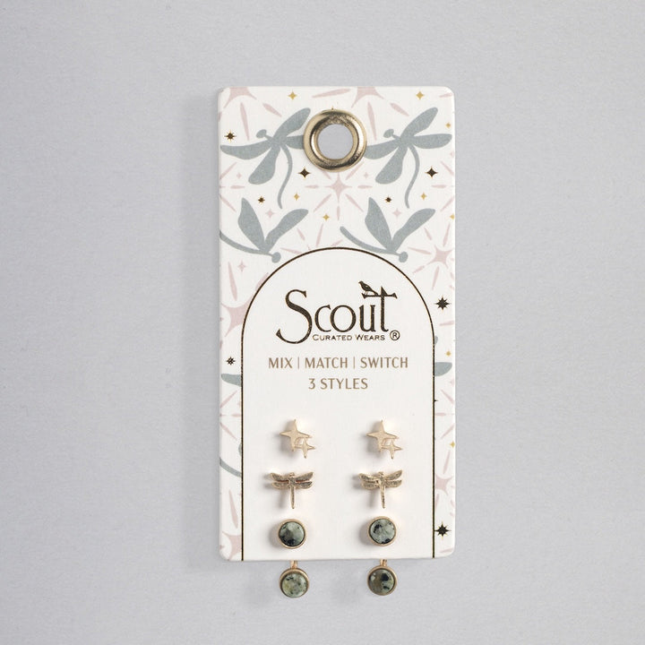 Scout stud trio jacket earring set with gold stars, dragonflies, and turquoise stones