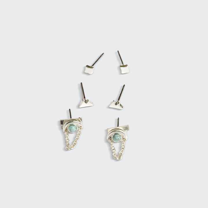 Scout Stud Trio Jacket Set with three pairs of silver earrings featuring blue stones