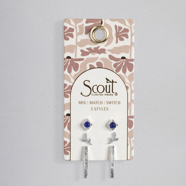 Scout Curated Wears stud trio earring set with blue stones, silver branches, and silver bars