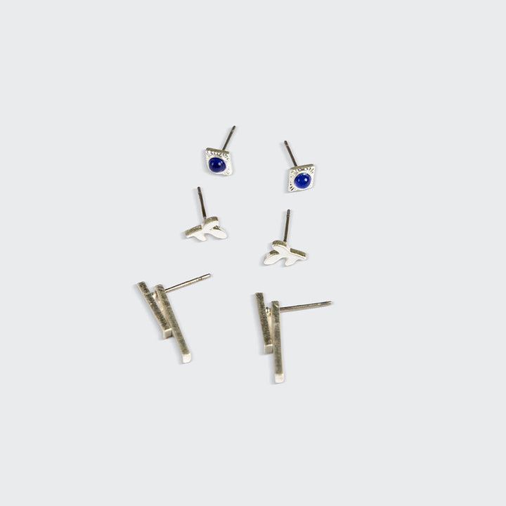 Scout Stud Trio Jacket Set featuring silver bars, white wave shapes, and blue lapis square studs