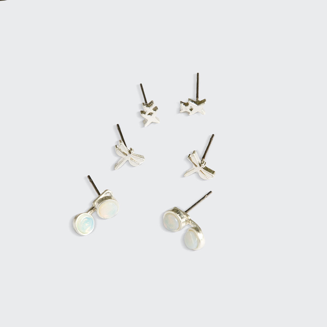 Scout silver stud earring trio set with star, bow, and opalite stone designs