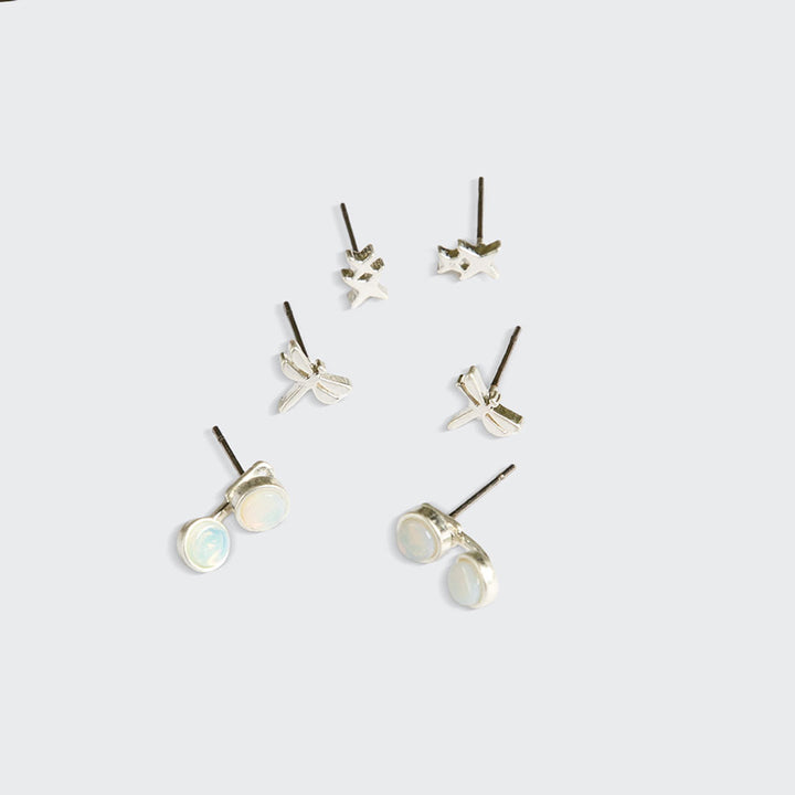 Scout silver stud earring trio set with star, bow, and opalite stone designs