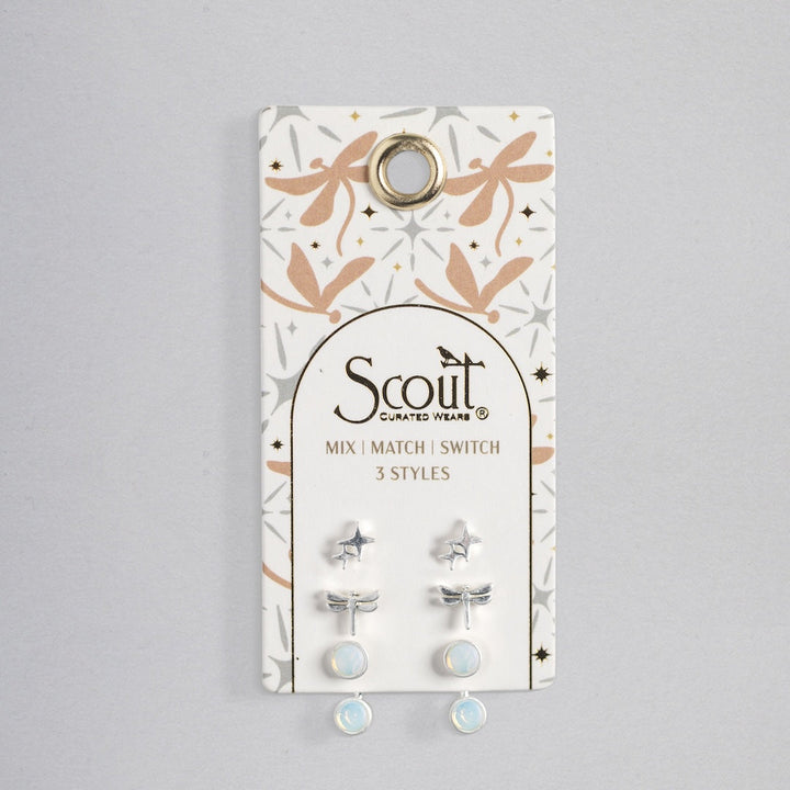 Scout Stud Trio Jacket Set with silver star, dragonfly, and opalite stone earrings