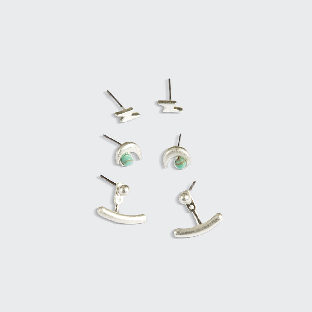 Scout silver stud trio jacket earring set with turquoise stone accents on white background