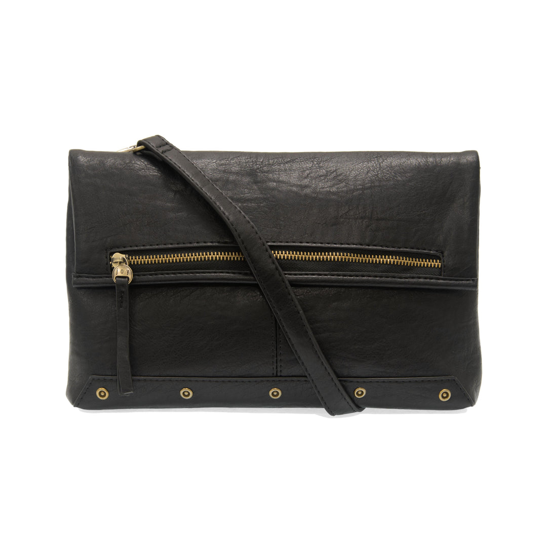 Black leather fold-over crossbody bag with gold zipper and adjustable strap