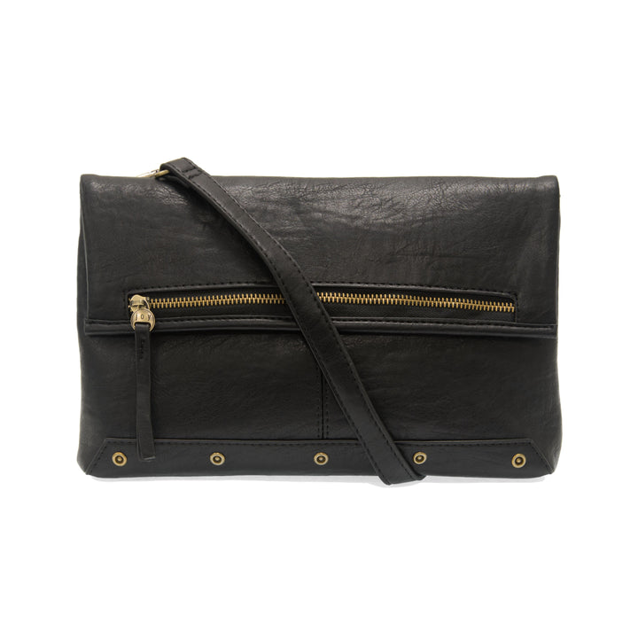 Black leather fold-over crossbody bag with gold zipper and adjustable strap