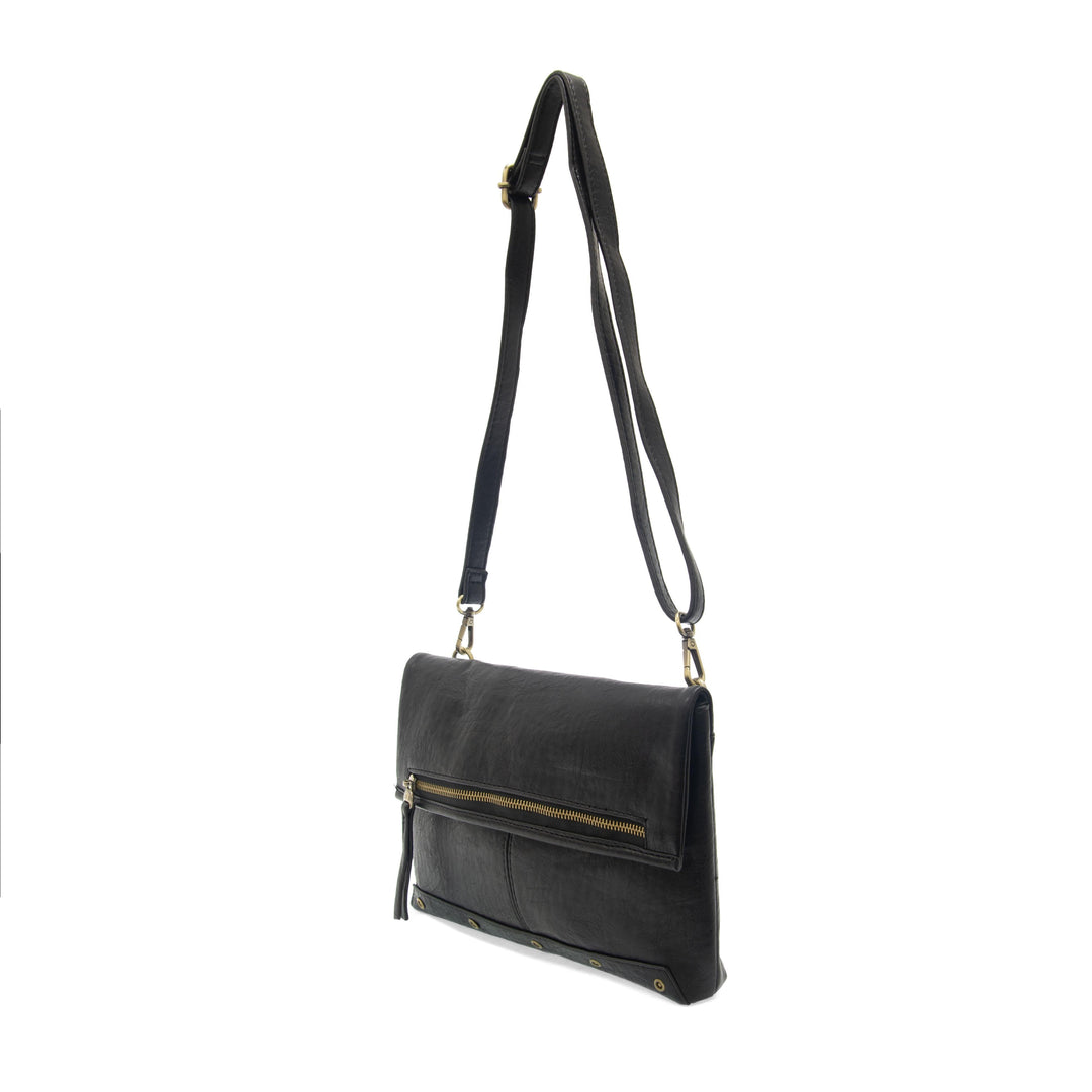 Black leather crossbody bag with gold zipper detail and adjustable shoulder strap