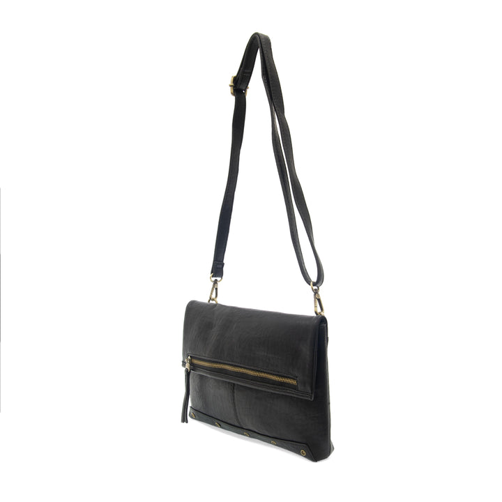 Black leather crossbody bag with gold zipper detail and adjustable shoulder strap