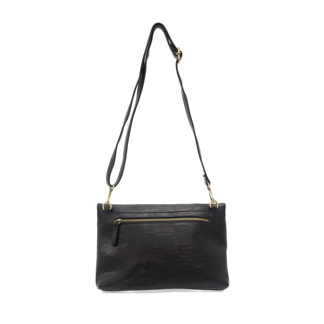 Black leather crossbody bag with adjustable strap and gold hardware detailing
