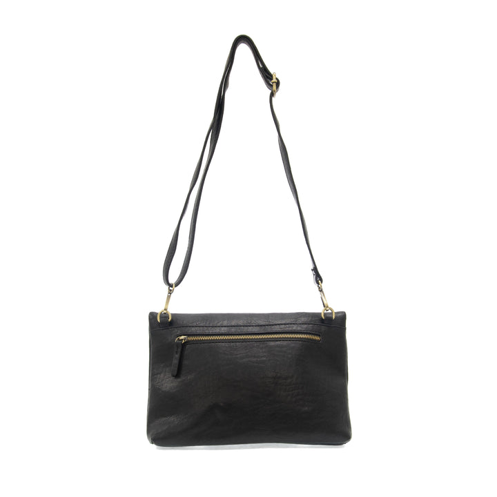 Black leather crossbody bag with adjustable strap and gold hardware detailing