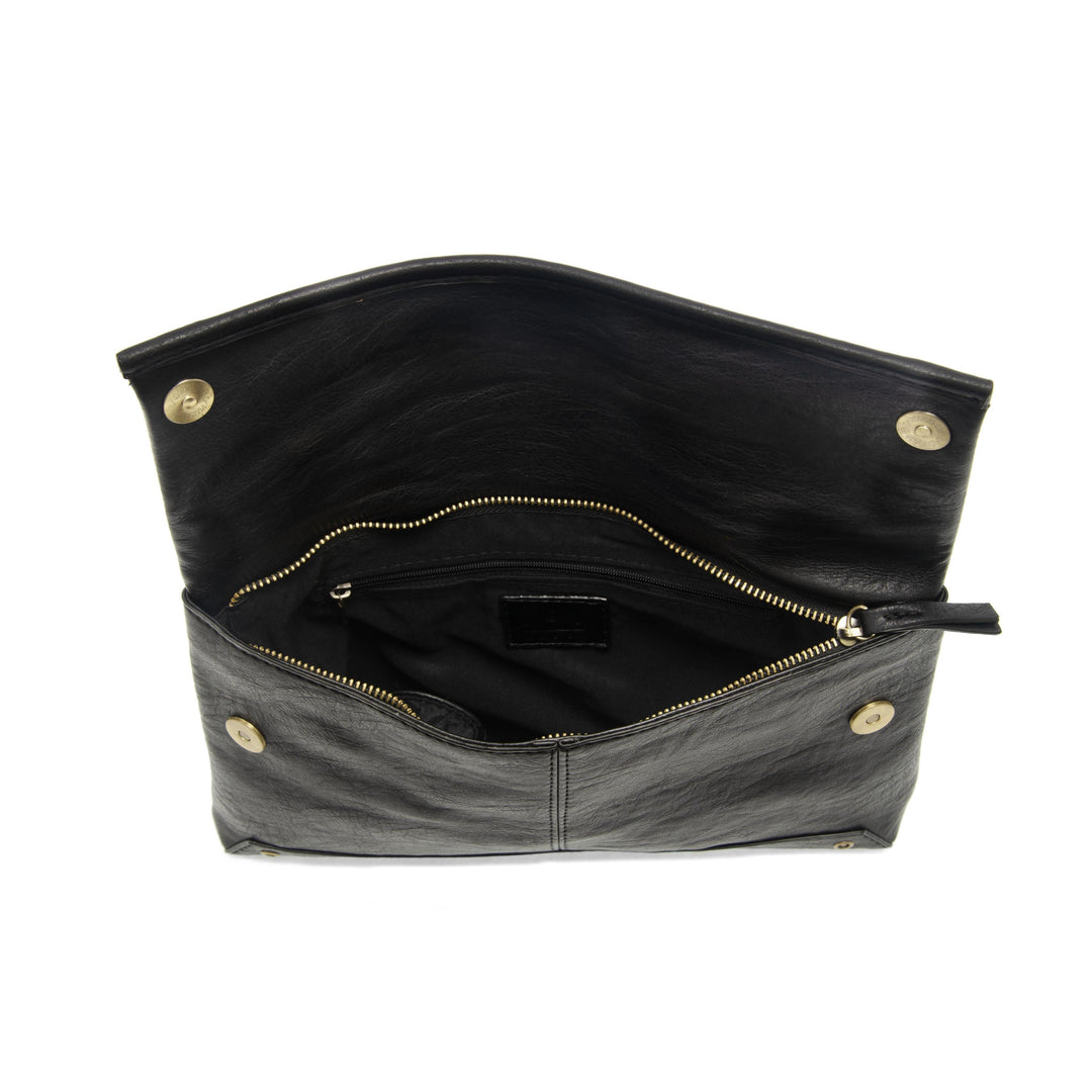 Black leather Cassie fold over convertible crossbody bag shown open displaying interior compartments