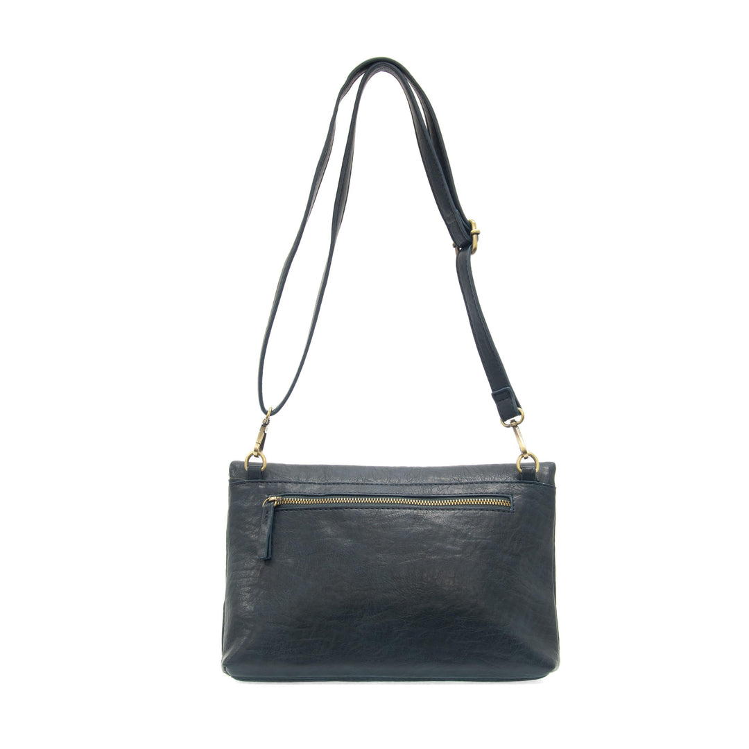 Black leather convertible crossbody bag with adjustable strap and gold hardware