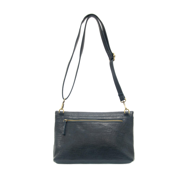 Black leather convertible crossbody bag with adjustable strap and gold hardware