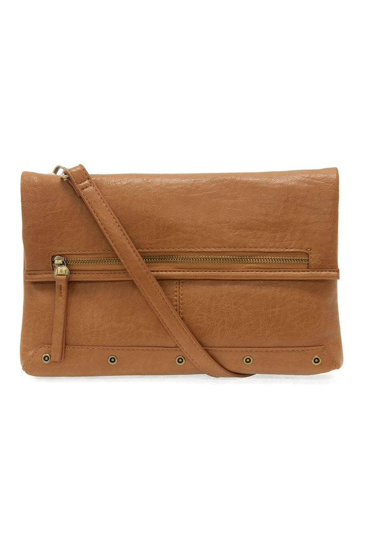 Cognac brown leather fold over convertible crossbody bag with zipper details and adjustable strap