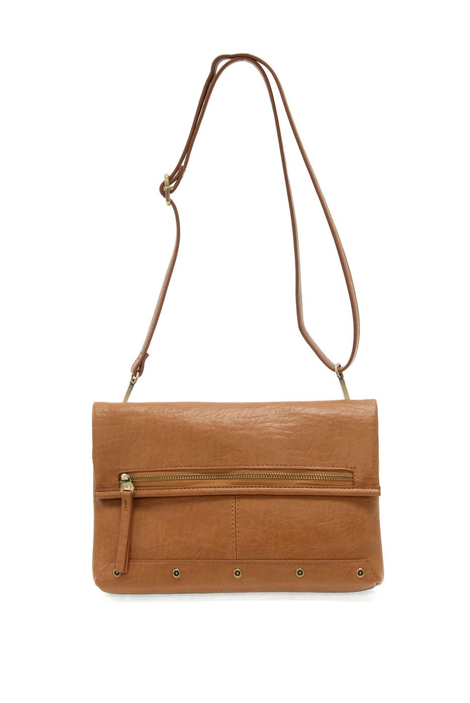 Cognac brown leather fold-over crossbody bag with zipper pocket and adjustable strap