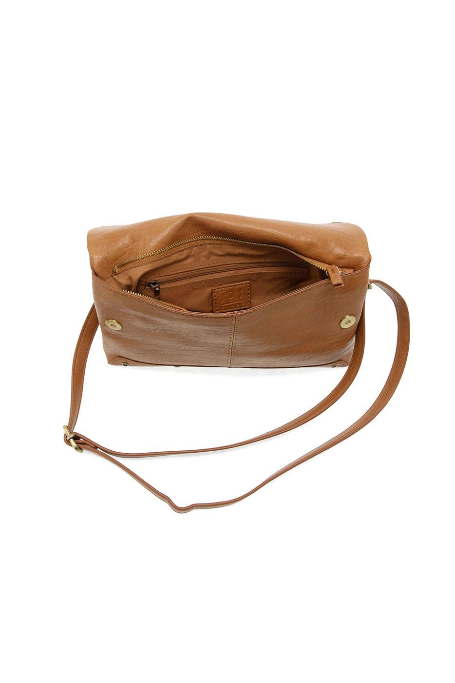 Brown leather convertible crossbody bag with fold-over flap and adjustable strap