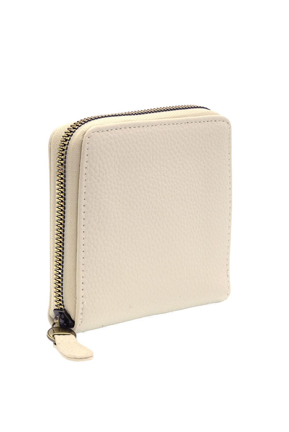 Light beige zip-around wallet with gold zipper and textured leather finish