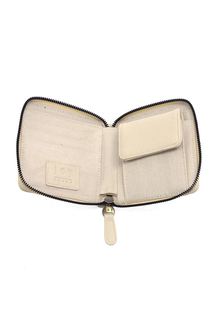 Joy Accessories Palmer Square zip around wallet in cream color, open to show interior compartments