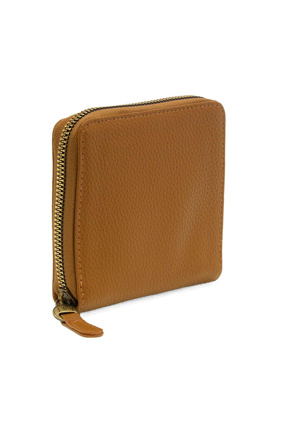 Brown leather zip-around wallet with gold zipper and textured surface