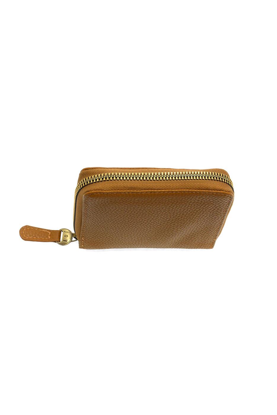 Brown leather zip-around wallet with gold zipper and textured surface