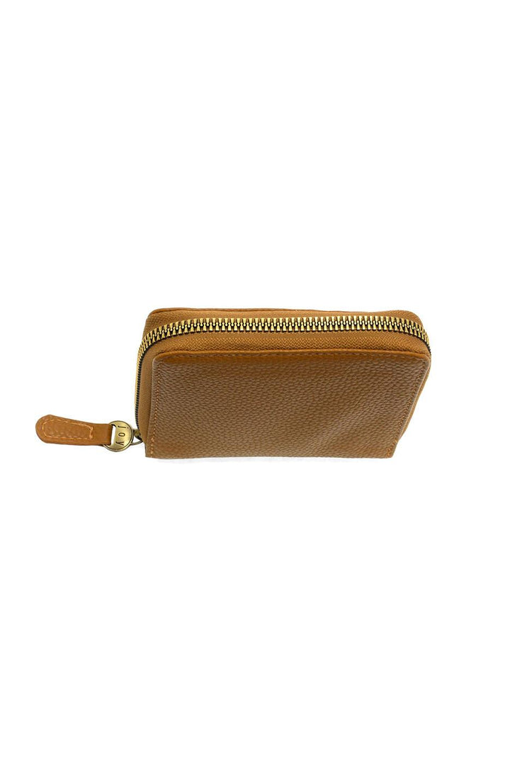 Brown leather zip-around wallet with gold zipper and textured surface
