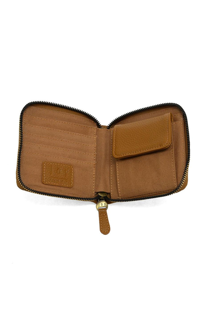 Open saddle brown leather zip around wallet showing interior card slots and compartments