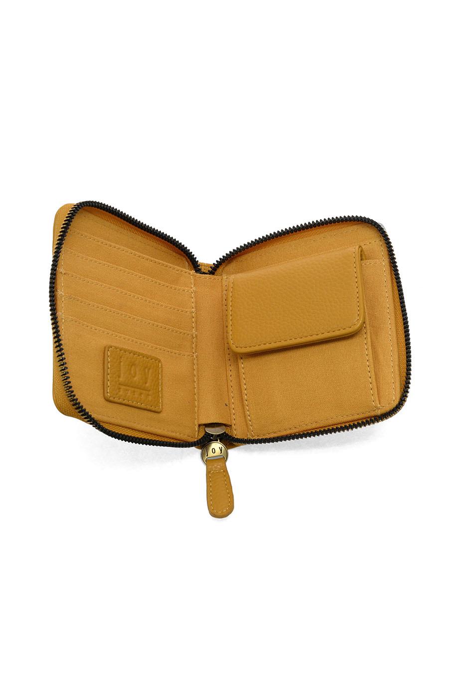 Open zip around wallet in saddle brown leather showing card slots and compartments