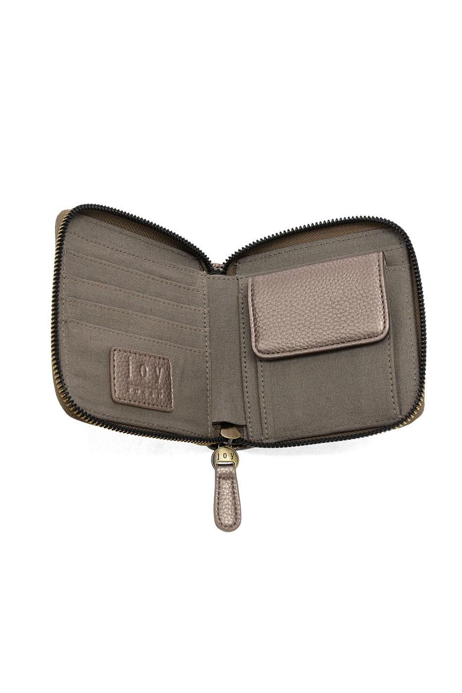 Open taupe zip around wallet showing interior card slots and coin pocket