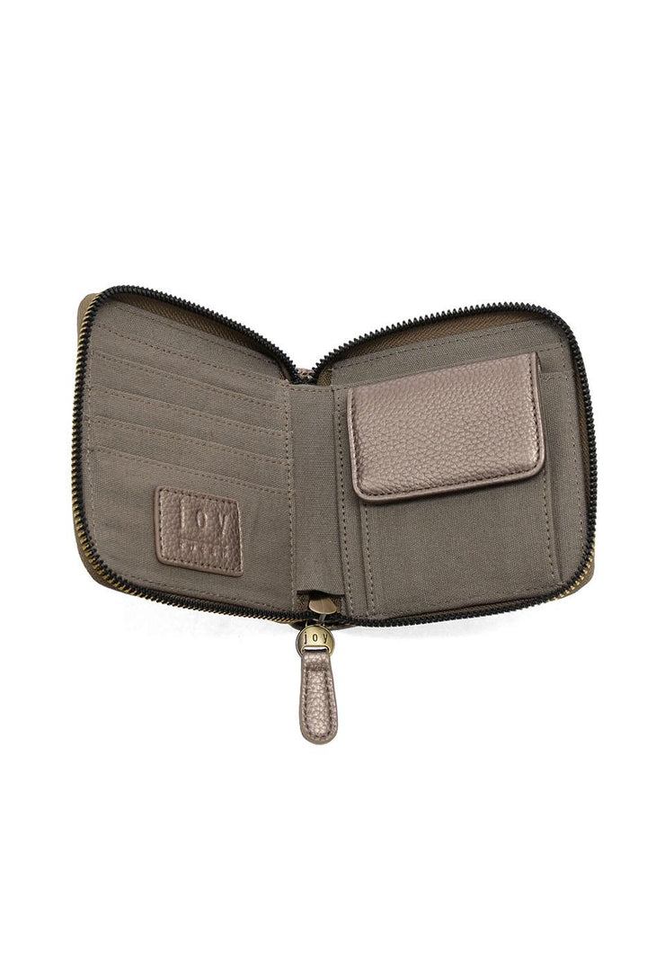 Open zip-around wallet in taupe leather with card slots and coin compartment