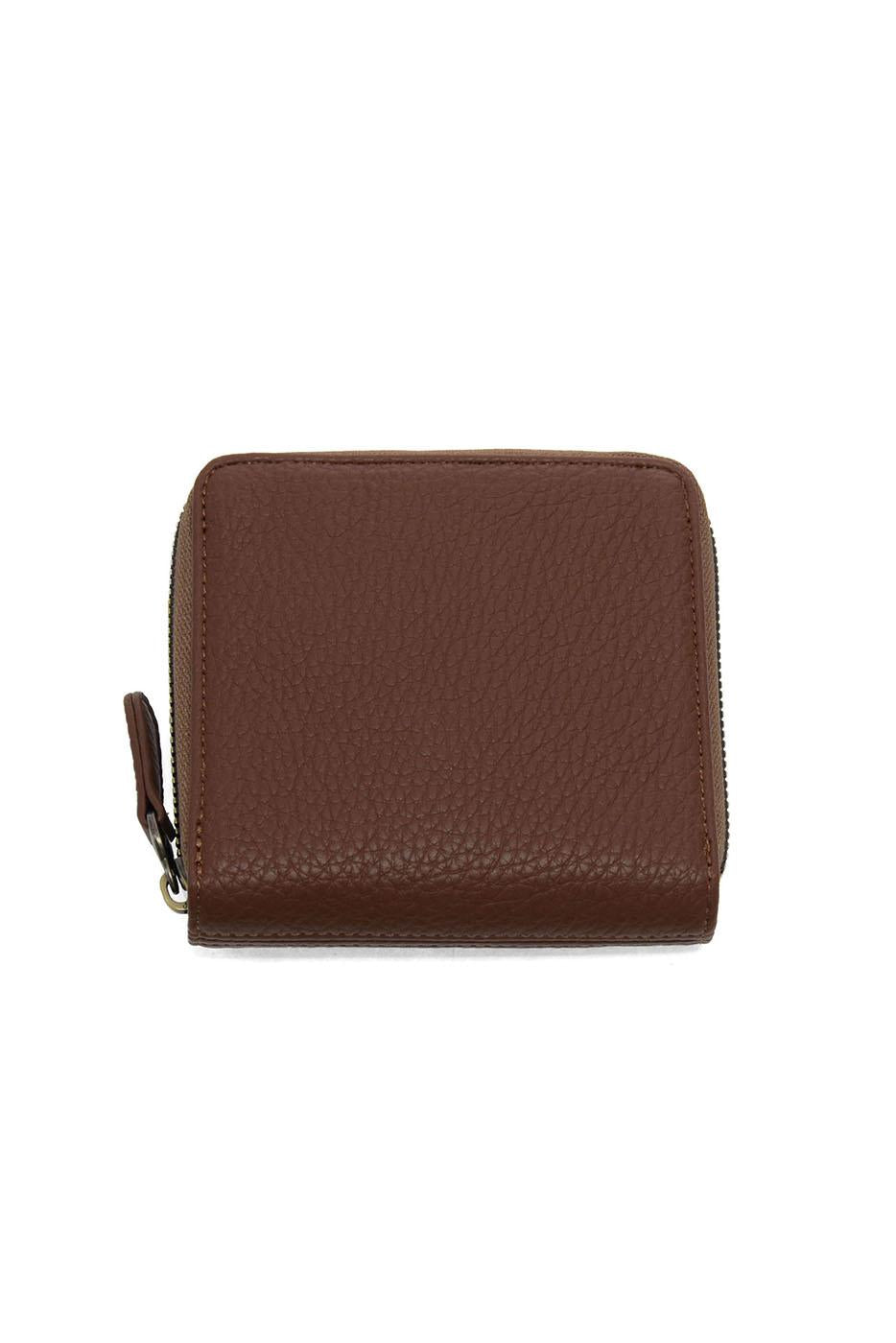 Brown leather zip-around square wallet with textured finish and zipper closure