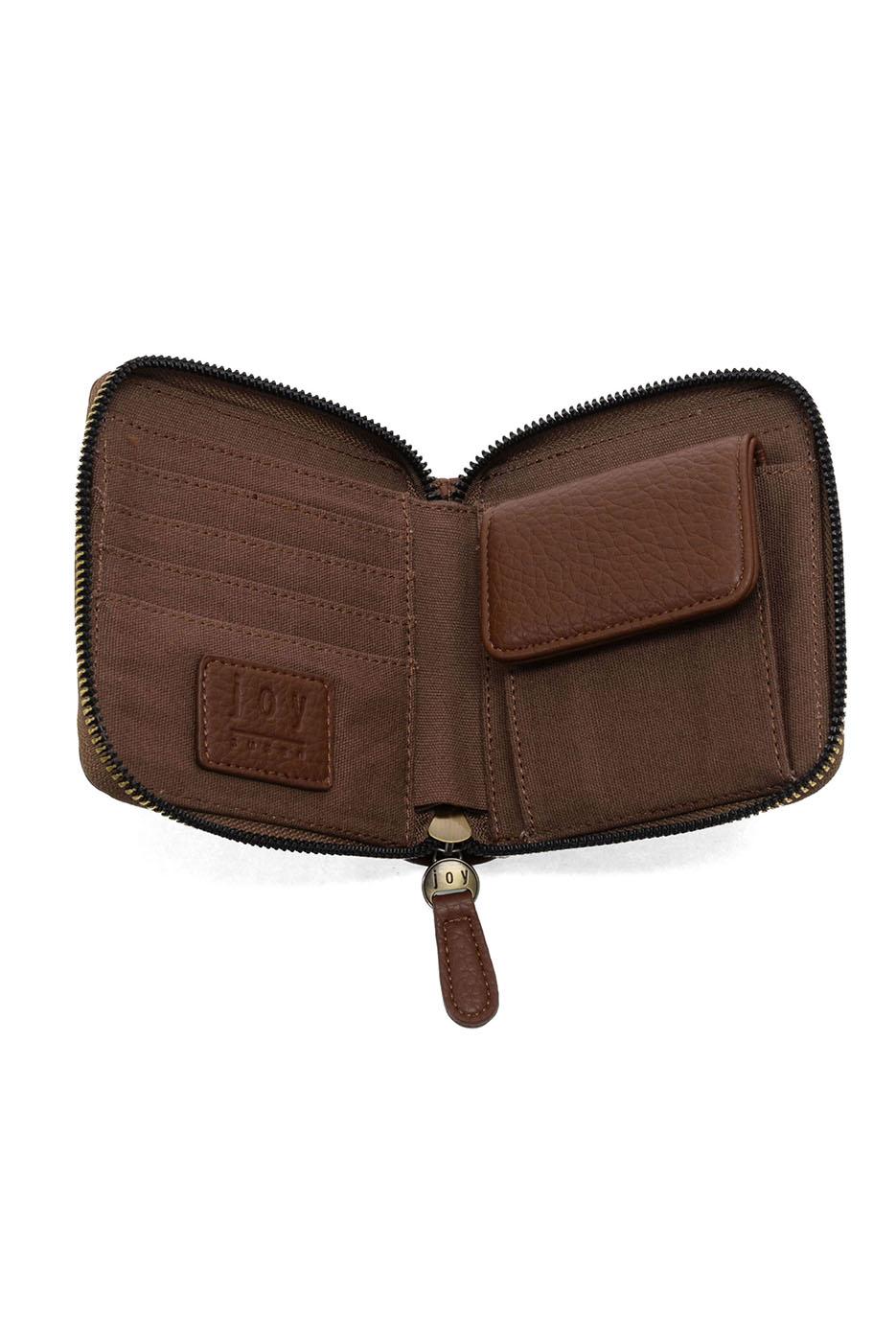Brown leather zip-around wallet opened showing interior compartments and card slots